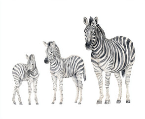 Fototapeta premium Watercolor clipart of a large zebra with two smaller zebras, hand-painted wildlife family scene, soft natural colors, playful and gentle design, perfect for nursery, kids’ projects