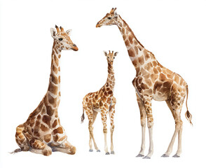 Fototapeta premium Watercolor clipart of three giraffes, hand-painted wildlife illustration, soft natural colors, playful and gentle design, perfect for nursery, kids’ projects, and decorative illustrations.