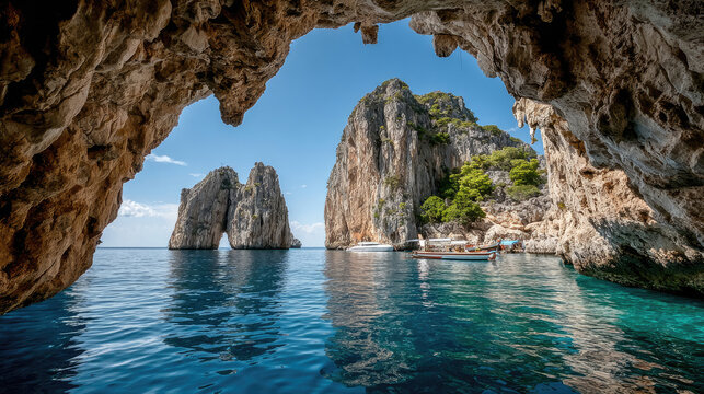 Spectacular view of Faraglioni rocks from a sea cave in Capri Italy.