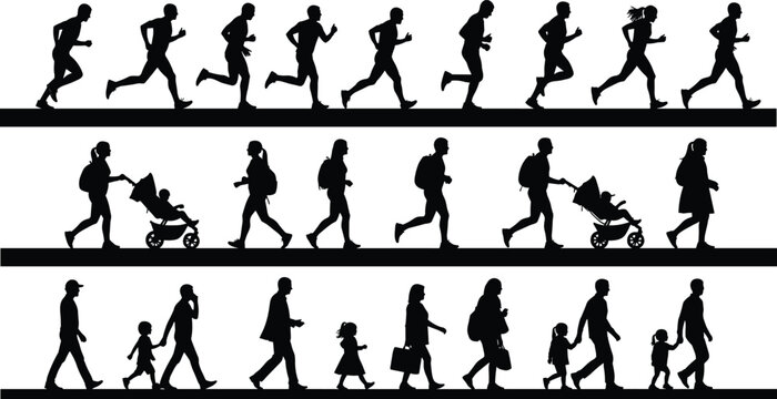 Life stages progression silhouettes showing childhood running, adulthood walking, parenthood caregiving, family bonding, generational growth, human journey, symbolic illustration