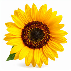 Fototapeta premium a vibrant yellow blossom is displayed against a clean, white background. the bloom features numerous bright petals encircling a textured, circular center that transitions from brown to black