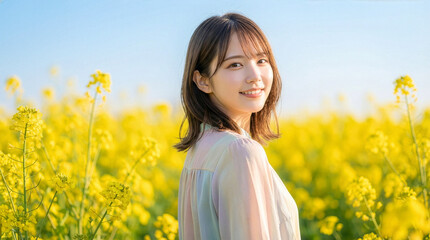 Fototapeta premium 菜の花畑の中を歩く女性が振り返った瞬間