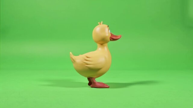 A 3D cartoon duck model on greenscreen, viewed from the side, appears to be walking, duck greenscreen animation stock footage