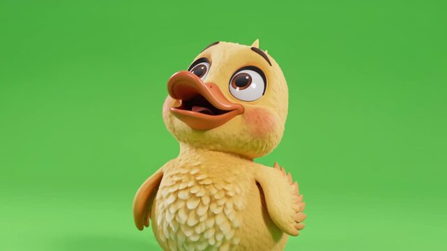 A happy duck character in a greenscreen environment smiling and looking around with curiosity and playful wings