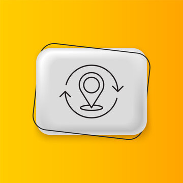 Black Map pin icon isolated on yellow background. Navigation, pointer, location, map, gps, direction, search concept. Silver rectangle button. Vector