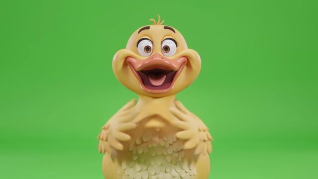 Animated duck greenscreen character with exaggerated facial expression and hands on chest