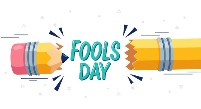 Two broken pencils with fools day text on white background symbolizing pranks and jokes on april 1st