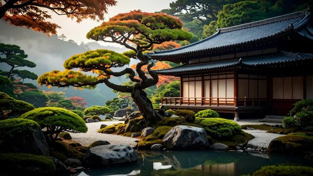 Serene traditional Japanese pavilion in a lush rock garden with sculpted pine trees and a reflection pond