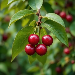 Closeup of Fresh Red Cherries Hanging from a Lush Green Leafy Branch in a Garden