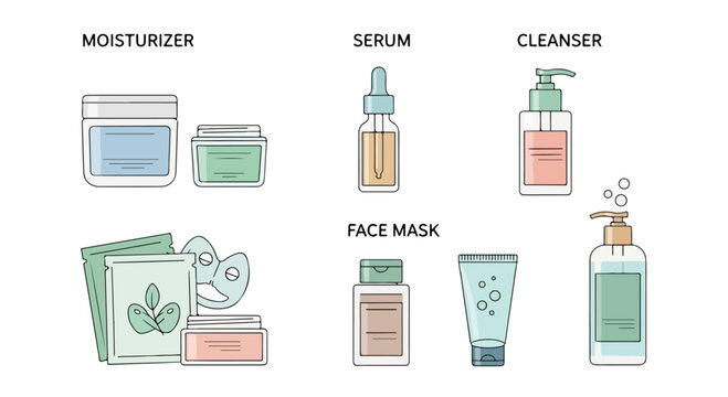 Flat lay illustration of various skincare products including moisturizer, serum, cleanser, face mask on a white background with green and orange hues.