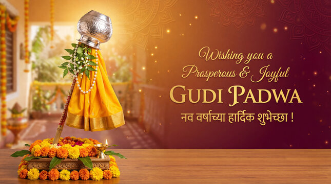 Gudi Padwa Festival Celebration with Traditional Gudi, Marigold Flowers, and Festive Decor
