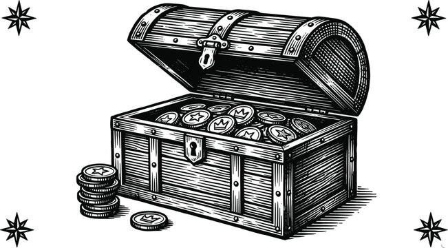 Treasure chest illustration filled with coins including cryptocurrency symbols like Bitcoin, Ethereum and Monero surrounded by compass rose for digital wealth