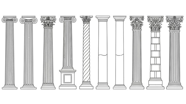 A detailed vector illustration displaying a diverse set of classical column styles, highlighting ancient Greek and Roman architectural principles for historical and educational design reference