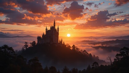 Obraz premium Majestic Castle Silhouette Against Dramatic Sunset Sky Over Foggy Mountainscape
