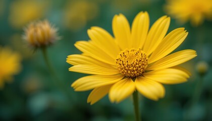 Close Up of Vibrant Yellow Flower Blossom in Lush Garden Setting During Spring Season