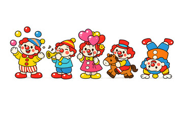 Cute Circus Clown Characters Set &ndash; Playful Kids Cartoon Vector Illustration