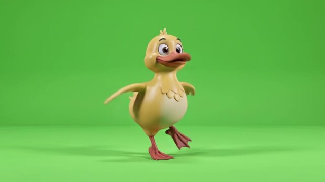 Animated duck character performing a funny dance on a greenscreen background for video editing