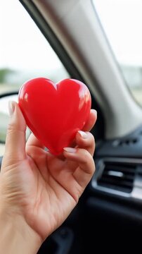 A Vibrant Red Heart Held in a Hand Inside a Vehicle, Symbolizing Love and Connection on a Journey, Capturing the Essence of Joy and Affection During Travel Moments