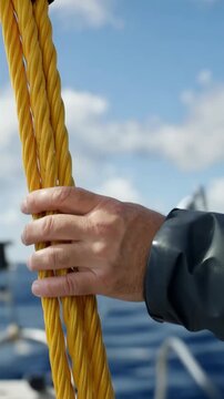 A Close-Up of a Hand Gripping Yellow Ropes on a Boat, Set Against a Beautiful Ocean and Cloudy Sky, Showcasing the Maritime Experience and Sailing Techniques