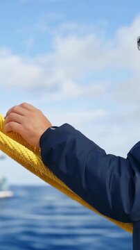 A determined individual grips a thick yellow rope while gazing out at the vast ocean, symbolizing focus and commitment to task in a maritime setting.
