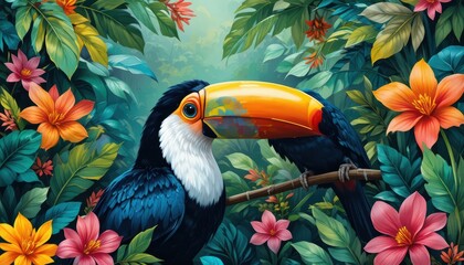 Fototapeta premium Vibrant Toucan Surrounded by Colorful Tropical Flowers and Lush Green Foliage in a Jungle Setting