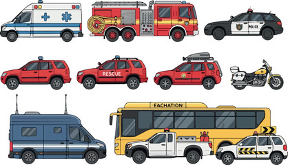 Collection of emergency vehicles including ambulances, fire trucks, and police cars on a white background from a straightforward viewpoint © Chico Store