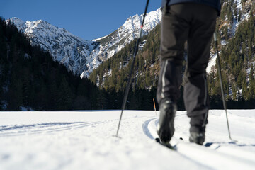 Cross-Country Ski Trail Through Snowy Alpine Valley in Pertisau, Achensee, Tirol, with Karwendel Mountains
