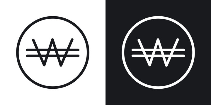 Korean won icon set in black and white stroke lines