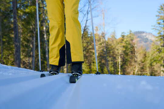 Cross-Country Ski Trail Through Snowy Alpine Valley in Pertisau, Achensee, Tirol, with Karwendel Mountains