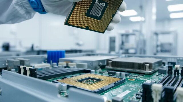 A close-up shows a hand wearing gloves placing a computer processor onto a circuit board in a clean room environment.