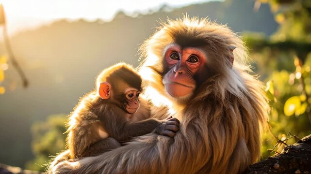 Mother macaque monkey tenderly cradling her baby infant in the warm golden sunlight of a lush forest setting
