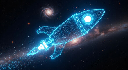 Fototapeta premium A glowing blue rocket ship soars through vibrant space with stars and galaxies.