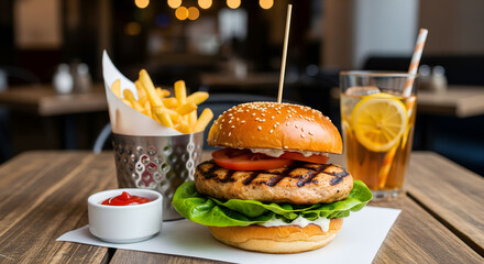 Grilled chicken burger with lettuce and tomato served with fries and iced tea in a modern cafe setting.