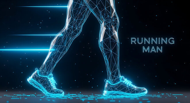 A futuristic man runs swiftly through a dark digital landscape with neon lines.