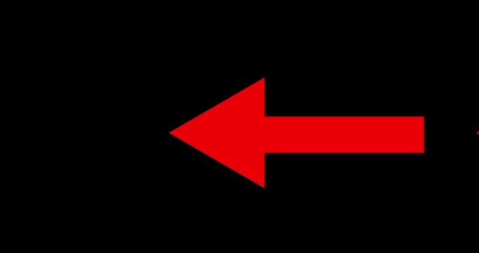 Long arrow pointing right to left position on black background. Direction symbol indicating back or previous page animation. Abstract arrow pointing graphic animation