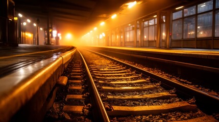 Obraz premium Forlorn Railway Station Platform Cloaked in Dense Fog at Nighttime