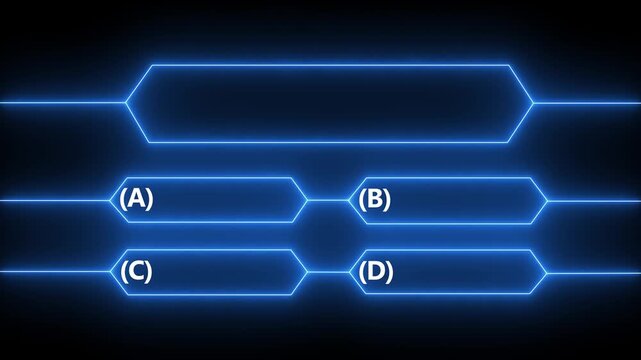 Neon Blue Quiz Game Show Answer Options A, B, C, D and Question Box on Dark Background.