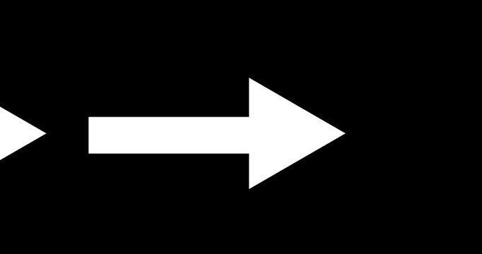 Long arrow pointing left to right position on black background. Direction symbol indicating back or previous page animation. Abstract arrow pointing graphic animation