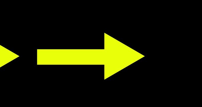 Long arrow pointing left to right position on black background. Direction symbol indicating back or previous page animation. Abstract arrow pointing graphic animation