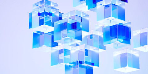 Obraz premium Abstract transparent blue glass geometric blocks background, futuristic crystal structure with gradient light, modern technology architecture concept, glossy minimal 3D render
