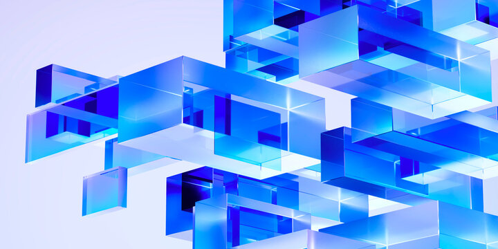 Abstract transparent blue glass geometric blocks background, futuristic crystal structure with gradient light, modern technology architecture concept, glossy minimal 3D render