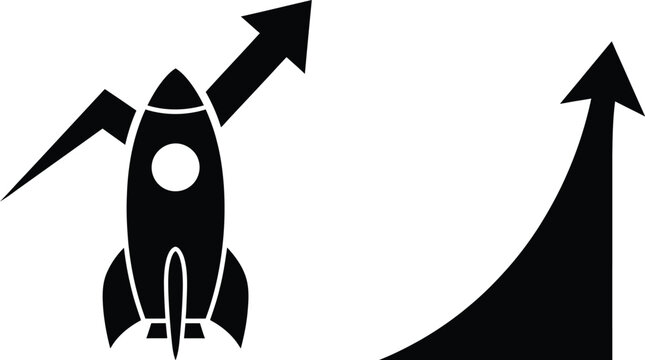 Rocket ship launching with ascending arrows