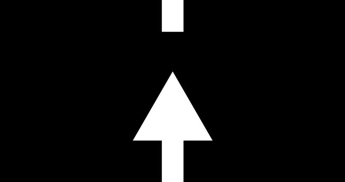Long arrow pointing down to up position on black background. Direction symbol indicating back or previous page animation. Abstract arrow pointing graphic animation