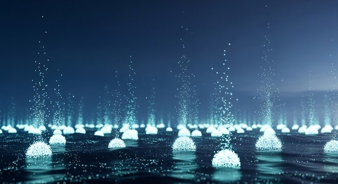 Array of glowing blue data clusters rising from a reflective surface, representing digital information transfer and growth.