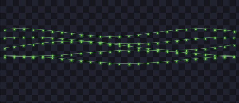Three wavy strands of brilliant green luminous lights dangle across a dark transparent grid pattern