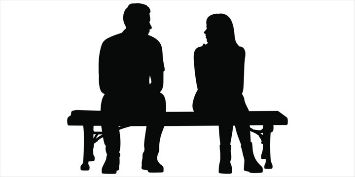 Silhouettes of a Man and a Woman Sitting on a Bench Facing Each Other Keywords: couple, man, woman, people, sitting, bench