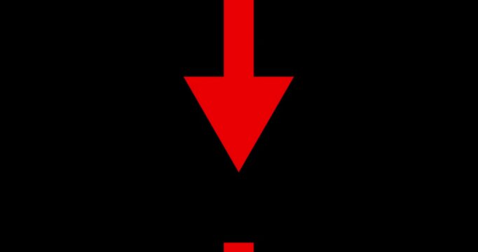 Long arrow pointing up to down position on black background. Direction symbol indicating back or previous page animation. Abstract arrow pointing graphic animation