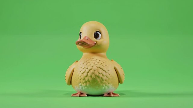 A cute duckling stands alone on a greenscreen background in a studio setting, captured from a front viewpoint, greenscreen duck footage