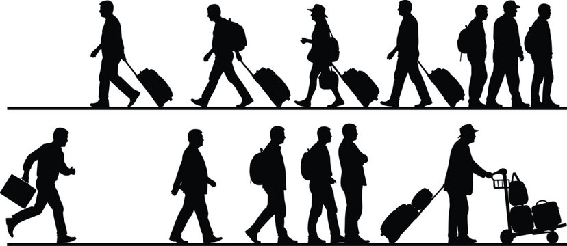 Traveler silhouettes walking with luggage, suitcases, backpacks, briefcases and carts vector illustration for airport, transport, tourism, travel design