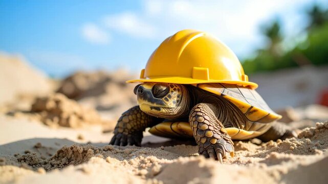 Small tortoise wearing a yellow hard hat on a sunny sand dune against a bright blue sky